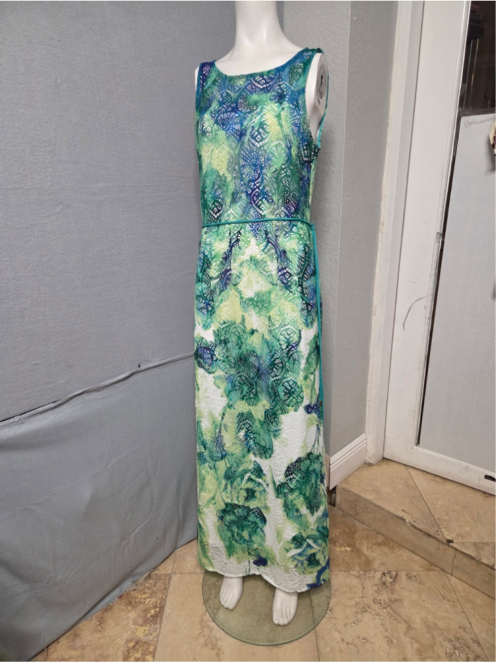 Women's Sandra Darren Maxi Dress Size 10 GreenBlue Lace Overlay p2p 18 In